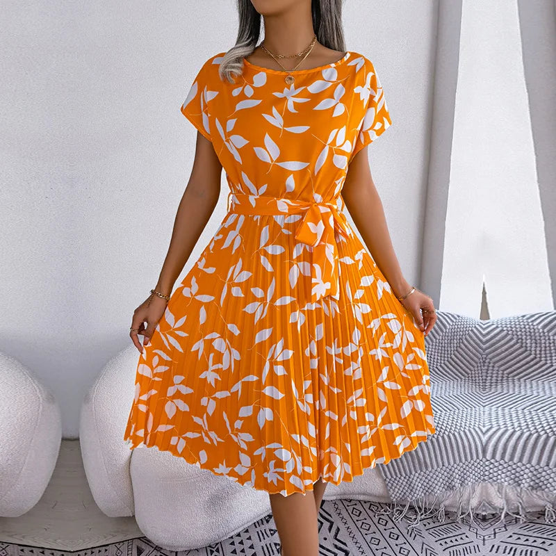 Floral Pleated Chic Summer Dress – High Waist, Short Sleeve, A-Line Knee-Length Dress for Women