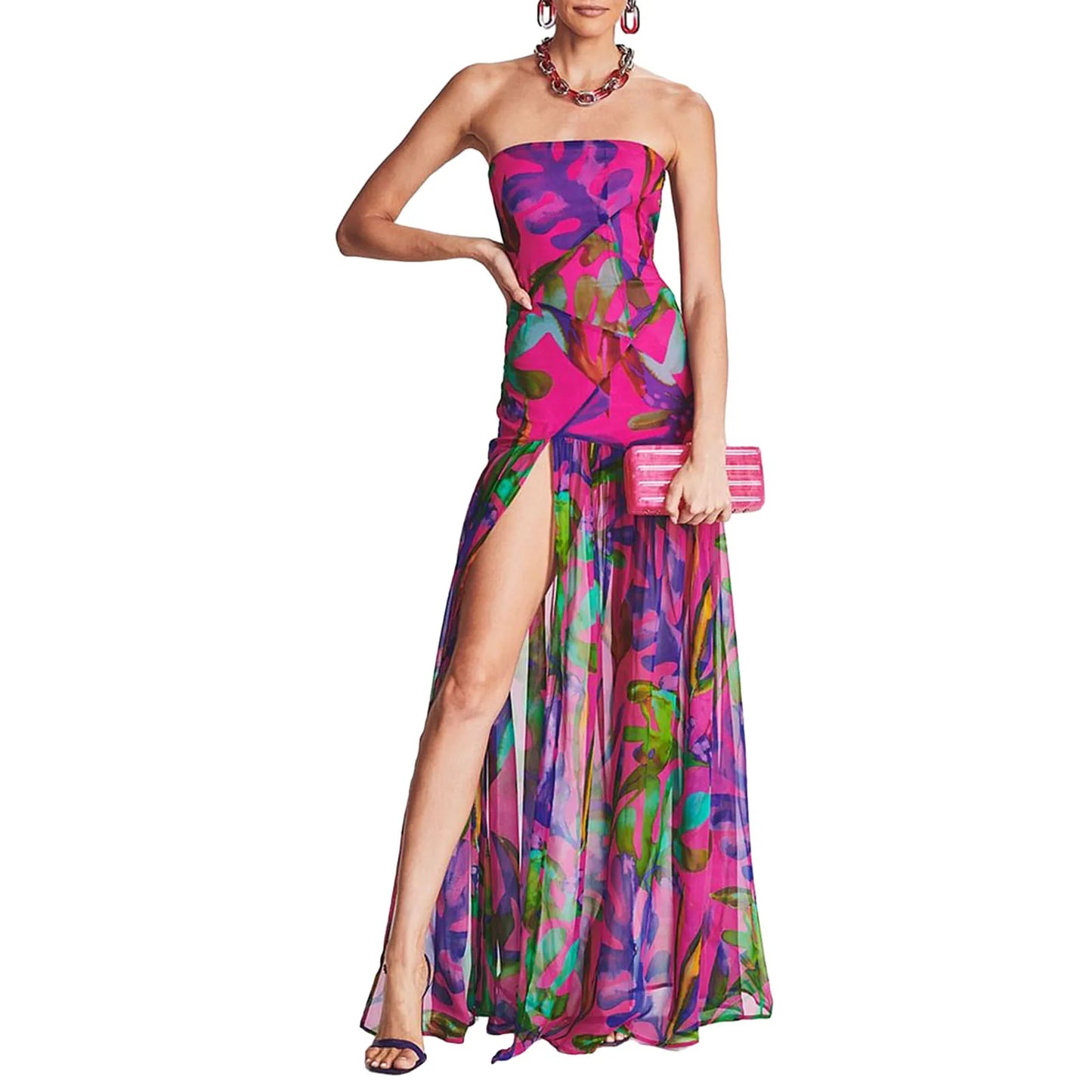 Women’s Bohemian Sleeveless Maxi Dress – Floral Print Mesh Summer Bodycon Split Dress