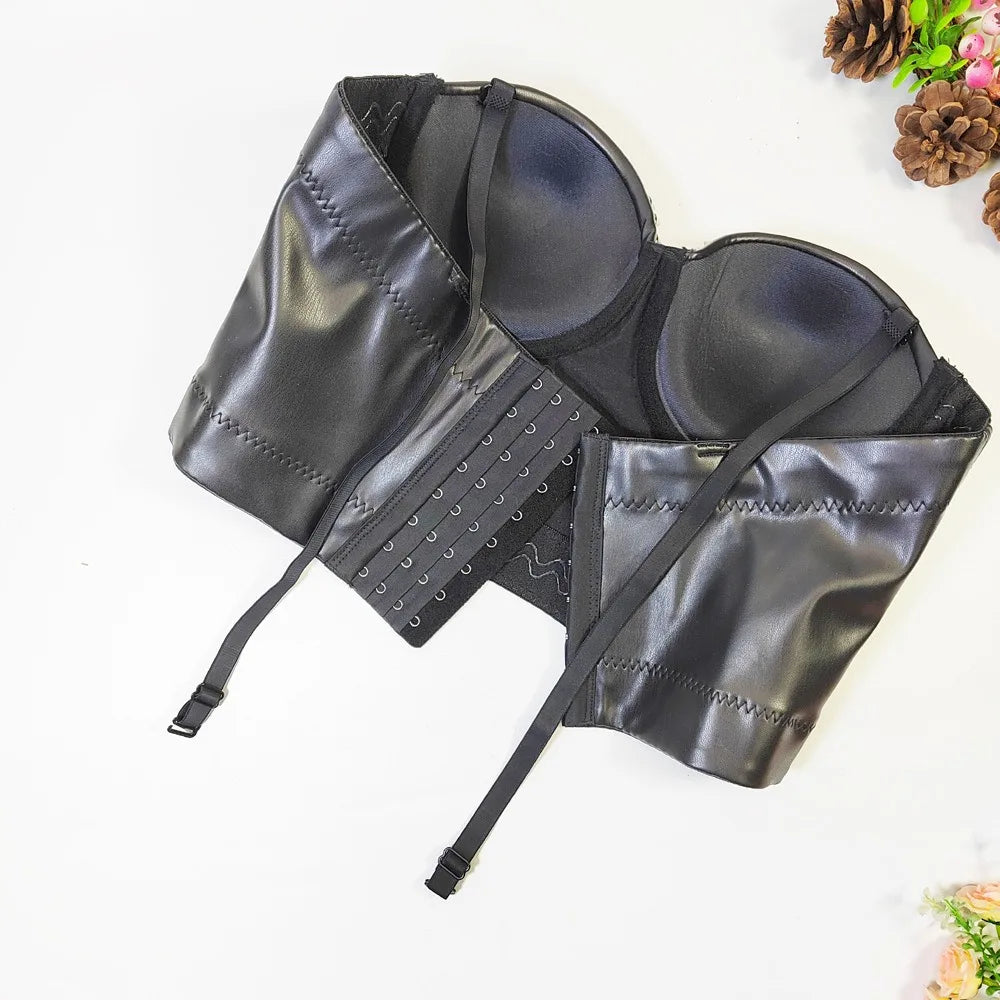 SXTHAENOO Women’s PU Leather Corset Bustier Crop Top – Gothic, Clubwear, Push-Up