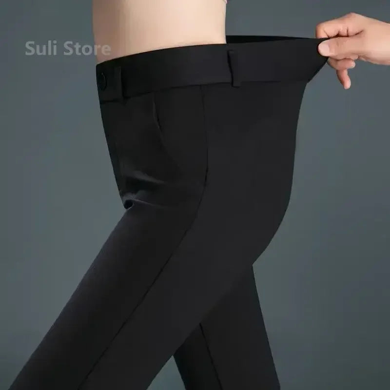 Mid Waist Black & Navy Blue Trousers – Casual Button Elastic Pants for Women