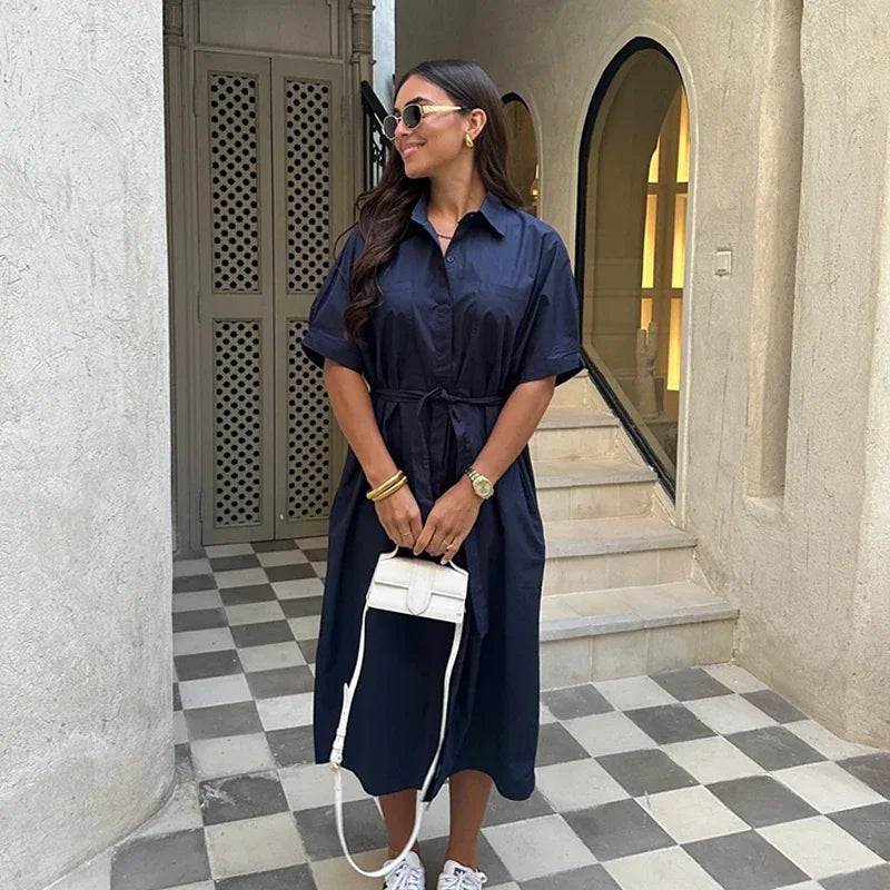 Lace-Up Buttoned Casual Dress – Short Sleeve, Turn-Down Collar | MODIVA