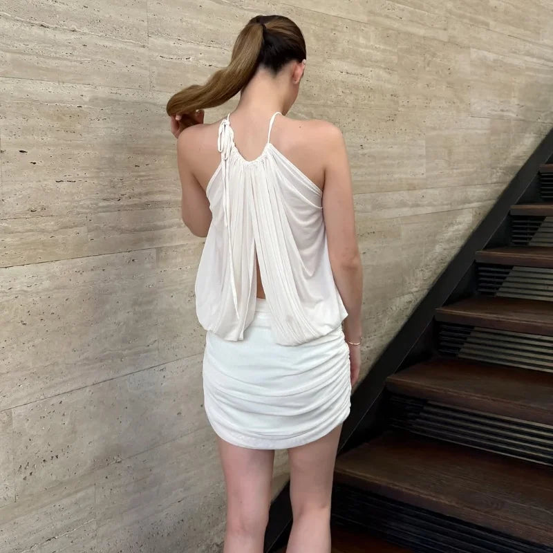Sexy Halter Backless Mini Dress – Elegant Ruched Sleeveless Party Dress for Women