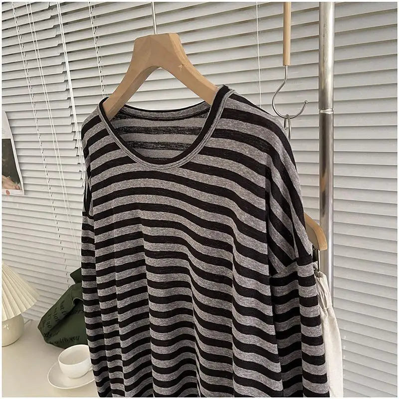 Korean Striped Loose Fit Long Sleeve T-Shirt for Women – Casual Spring/Autumn Top