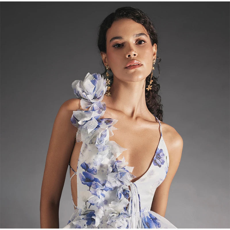 Elegant Floral Backless Party Mini Dress – Lace-Up Ruffle A-line Sling Dress for Women
