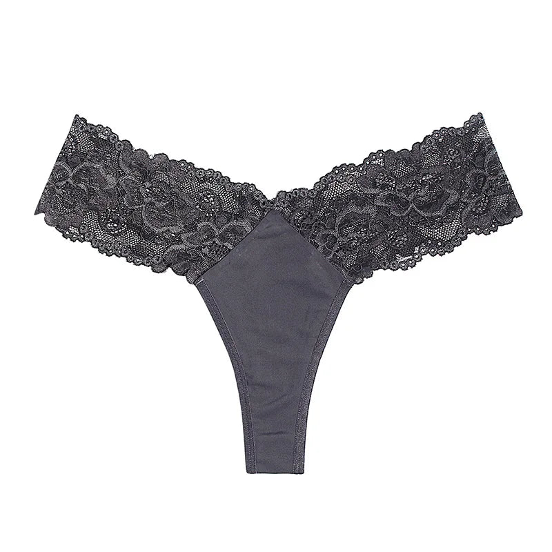 Sheer Lace Mid-Rise Women's Thong Panties - Nylon Knit Underwear, Lingerie Intimates for Ladies | Comfortable Hollow Design