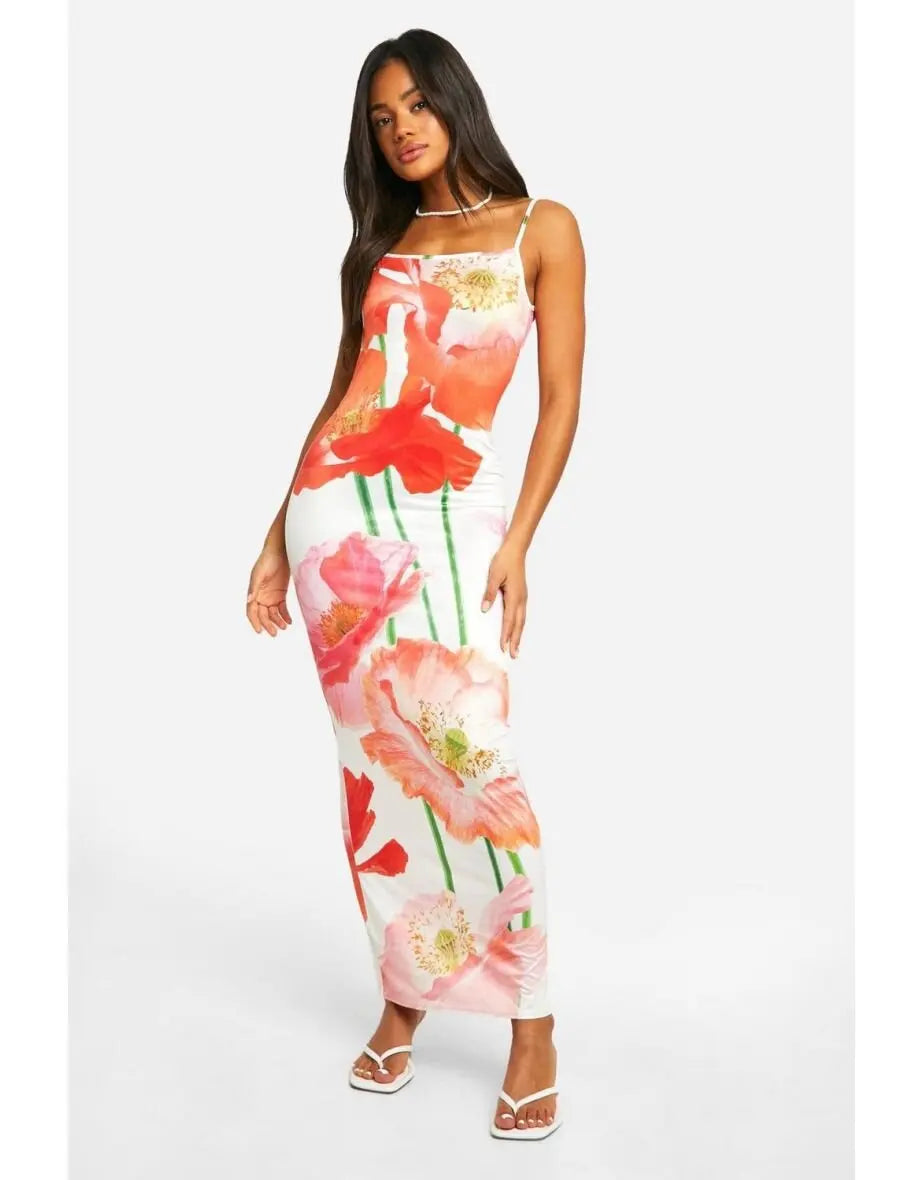 Women’s Y2K Fairy Floral Maxi Slip Dress – Summer Spaghetti Strap Slim Fit