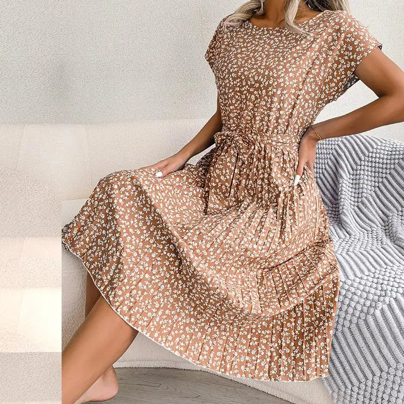 Floral Pleated Chic Summer Dress – High Waist, Short Sleeve, A-Line Knee-Length Dress for Women