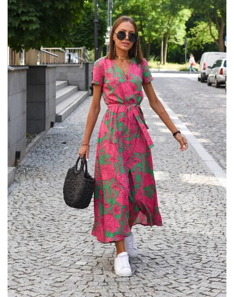 Floral V-Neck Summer Midi Dress – Split Hem Vacation Style | MODIVA