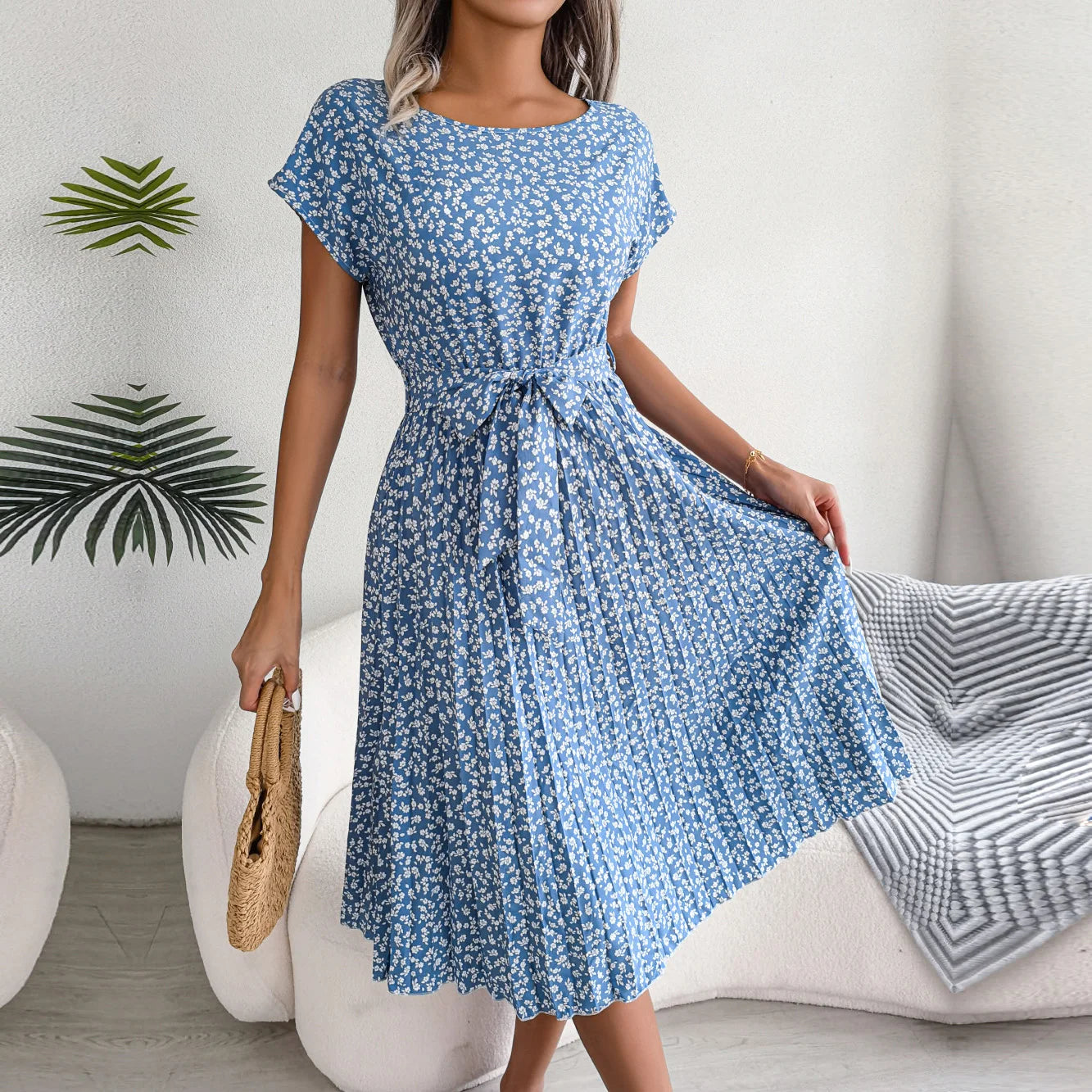 Floral Pleated Chic Summer Dress – High Waist, Short Sleeve, A-Line Knee-Length Dress for Women