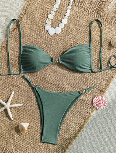 riangle Bikini Set – Solid Color Micro Thong Swimsuit for Women