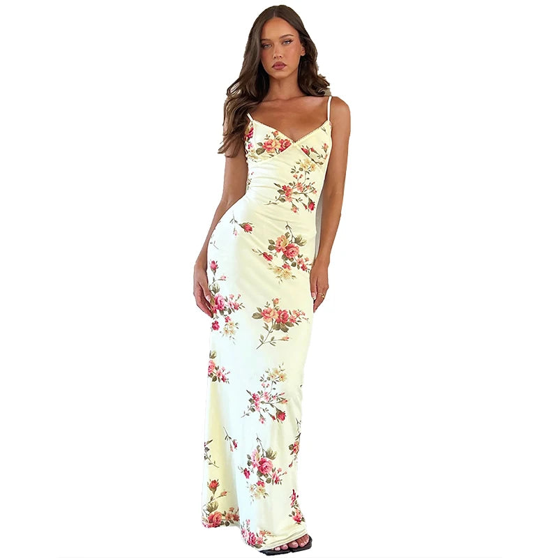 Y2K Floral Print Backless Bodycon Maxi Dress – Sleeveless Clubwear by Dulzura