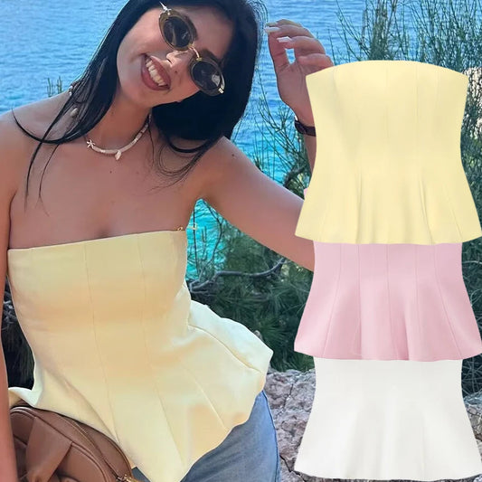 TRAFZA Women’s Strapless Ruffle Cami Top – Yellow Summer Tube Top | 2025 Sexy Casual Fashion