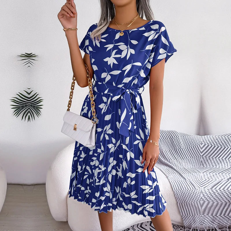 Floral Pleated Chic Summer Dress – High Waist, Short Sleeve, A-Line Knee-Length Dress for Women