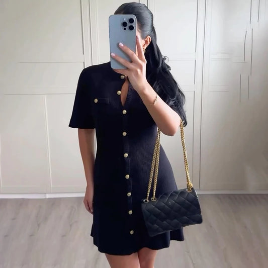 White Ribbed Knit Mini Dress – Slim Fit, Metal Buttons, Short Sleeve | MODIVA