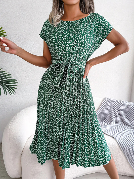 Floral Pleated Chic Summer Dress – High Waist, Short Sleeve, A-Line Knee-Length Dress for Women