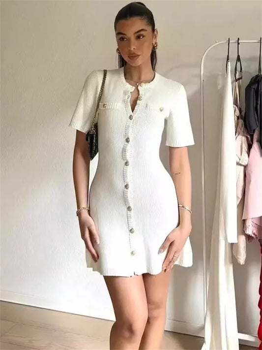 White Knit Button Mini Dress – Short Sleeve, Patchwork Pockets | MODIVA