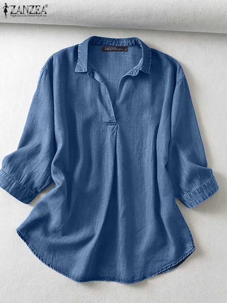 ZANZEA Women’s 3/4 Sleeve Denim Blouse – Casual Summer Button Shirt