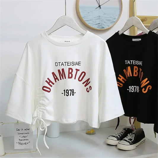 Fashionable Printed Drawstring Short Sleeve Crop Top – Women's Casual Summer T-Shirt