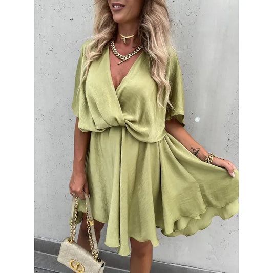 Elegant V-Neck Satin Commuter Dress – Short Sleeve, Knee-Length Summer Look