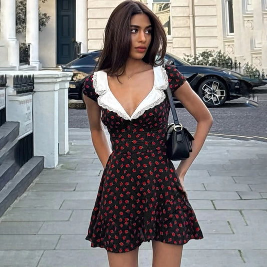 Vintage Patchwork V-Neck Mini Dress – High Waist A-Line | Talenza