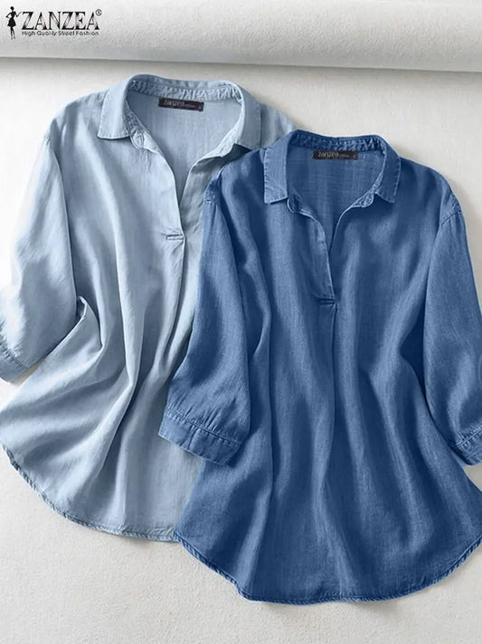 ZANZEA Women’s 3/4 Sleeve Denim Blouse – Casual Summer Button Shirt