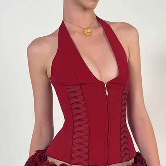 WhereMery Cross Tie Zipper Slim Vest – Sexy Off Shoulder Backless Top for Women