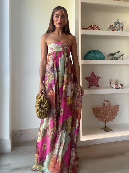 Bassonmy Retro Print Strapless Maxi Dress – Off Shoulder Sleeveless Summer Dress