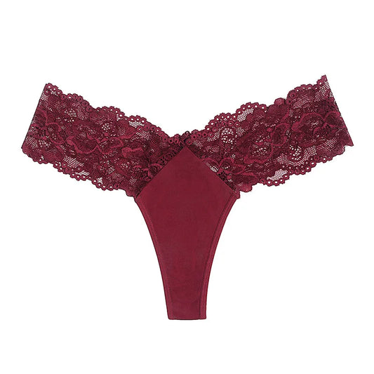 Sheer Lace Mid-Rise Women's Thong Panties - Nylon Knit Underwear, Lingerie Intimates for Ladies | Comfortable Hollow Design