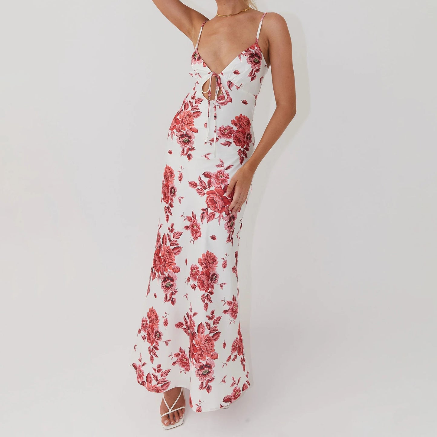 Summer Floral Backless Spaghetti Strap Maxi Dress – Elegant Tie-Up Sleeveless Beach Dress