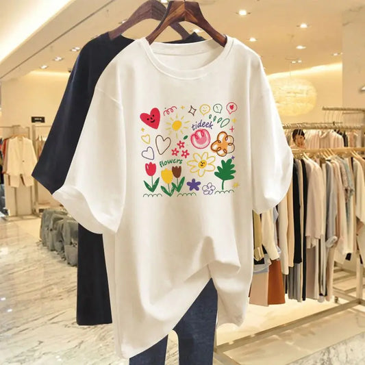 Women’s Chic Hand-Painted Floral T-Shirt – Casual Summer Cotton Tee