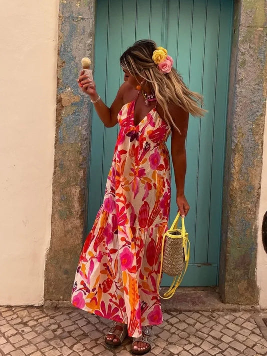 Holiday Vintage Beach Dress – Printed Tie-Up Waist Slim Dress for Women, Backless Sleeveless Summer Fashion