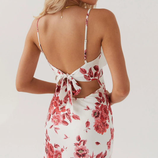 Summer Floral Backless Spaghetti Strap Maxi Dress – Elegant Tie-Up Sleeveless Beach Dress