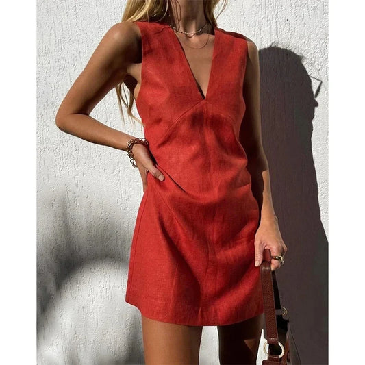 Linen V-Neck Summer Dress – Knee-Length, Beach Style | Sean Tsing