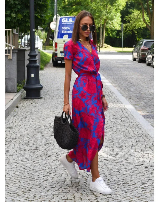 Floral V-Neck Summer Midi Dress – Split Hem Vacation Style | MODIVA