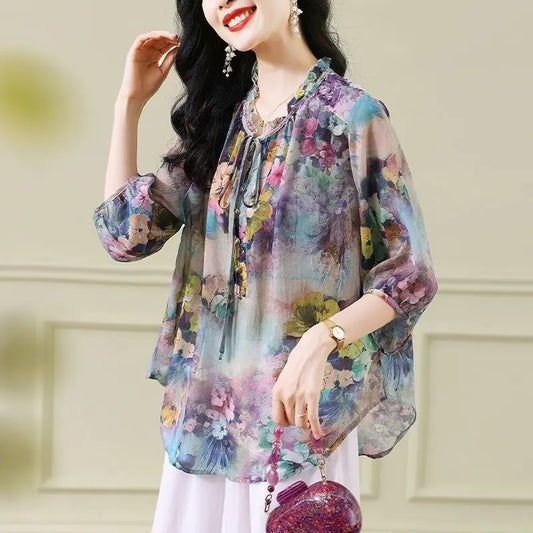 Vintage Floral Chiffon Blouse – Loose Half Sleeve Summer Top for Women