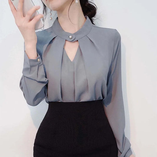 Women’s Slim Chiffon Blouse – Long Sleeve High Collar Office Shirt