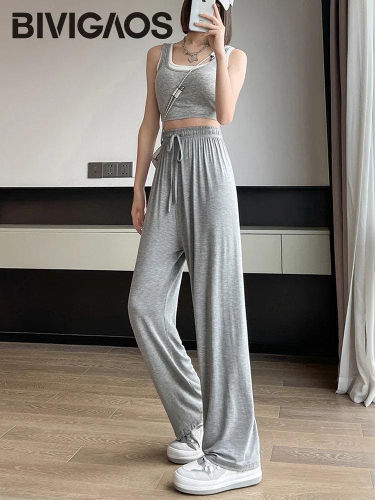 BIVIGAOS Women’s Modal Wide Leg Pants – Lightweight, Elastic Waist, Summer Casual Trousers