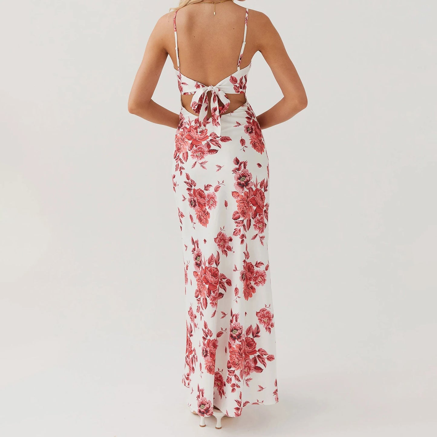 Summer Floral Backless Spaghetti Strap Maxi Dress – Elegant Tie-Up Sleeveless Beach Dress