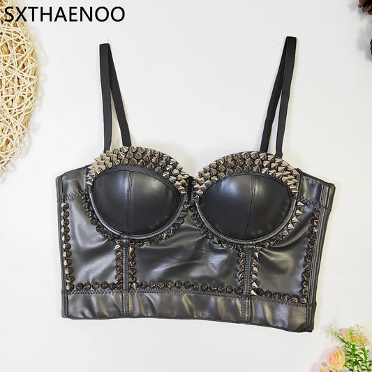 SXTHAENOO Women’s PU Leather Corset Bustier Crop Top – Gothic, Clubwear, Push-Up