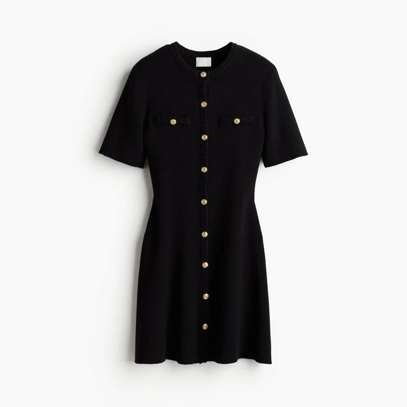 White Ribbed Knit Mini Dress – Slim Fit, Metal Buttons, Short Sleeve | MODIVA