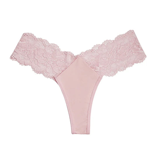 Sheer Lace Mid-Rise Women's Thong Panties - Nylon Knit Underwear, Lingerie Intimates for Ladies | Comfortable Hollow Design