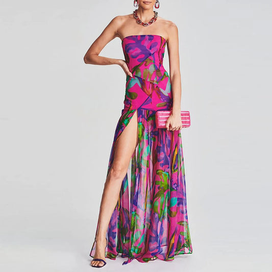 Women’s Bohemian Sleeveless Maxi Dress – Floral Print Mesh Summer Bodycon Split Dress