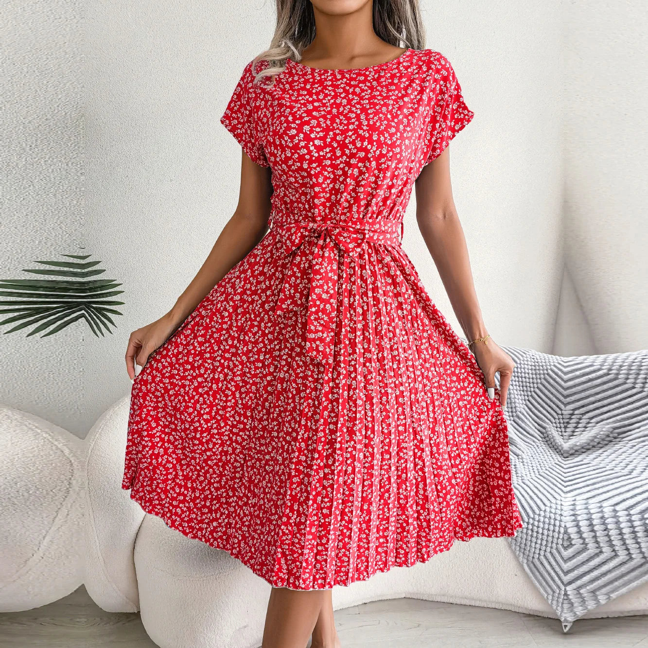 Floral Pleated Chic Summer Dress – High Waist, Short Sleeve, A-Line Knee-Length Dress for Women
