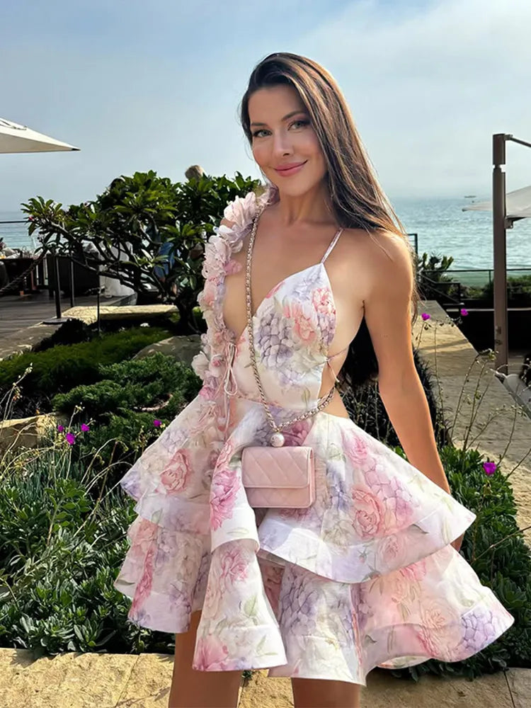Elegant Floral Backless Party Mini Dress – Lace-Up Ruffle A-line Sling Dress for Women