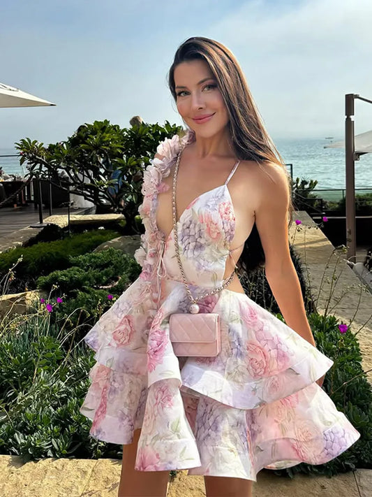 Elegant Floral Backless Party Mini Dress – Lace-Up Ruffle A-line Sling Dress for Women