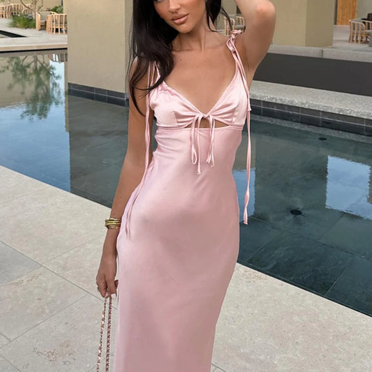TARUXY V-neck Lace-Up Spaghetti Strap Dress – Hollow Out Summer Midi Dress for Women