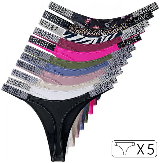 ZQTWT 5-Pack Rhinestone Letter Thongs – Sexy Low Waist G-String Panties for Women