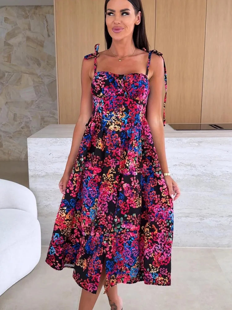 New Fashion Sexy Printing Sling Dress for Women Summer Evening Party Dresses Club Floral Holiday Beach Dress Robe