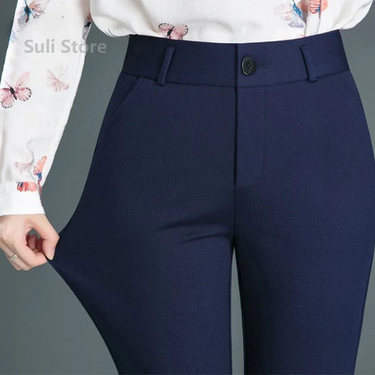 Mid Waist Black & Navy Blue Trousers – Casual Button Elastic Pants for Women