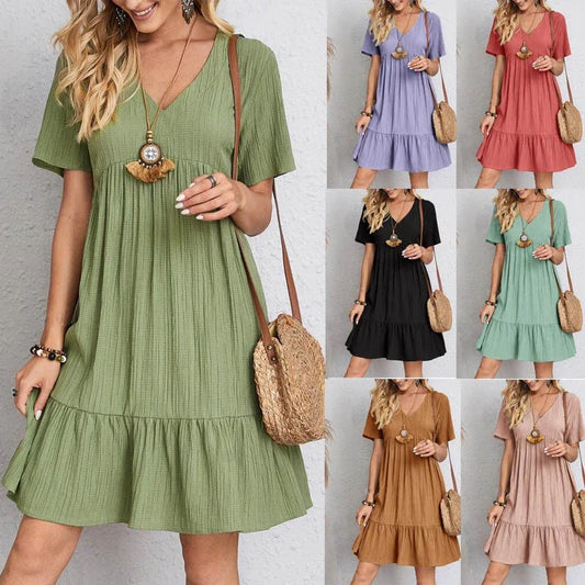2025 Loose V-neck Pleated Bohemian Dress – Summer A-line Beach Dress for Women